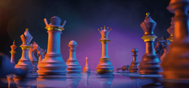 Chess pieces on a chess board, banner