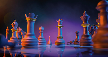 Chess pieces on a chess board, banner